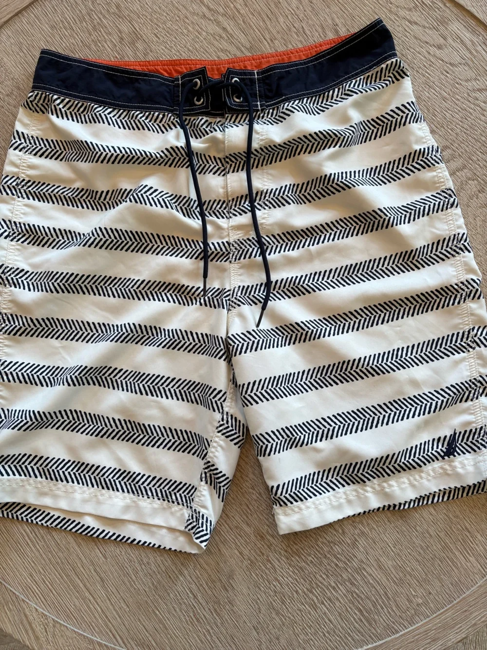 Nautica Navy Chevron Stripe Board Shorts Swim Trunks Orange Trim